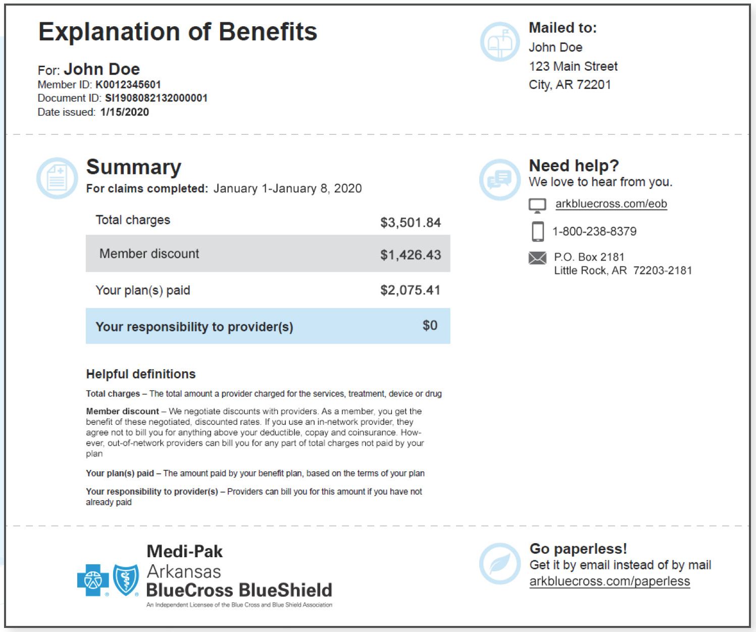 new design of explanation of benefits (EOB) form with clean, easy-to-read formatting