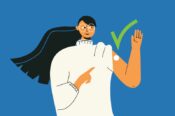 Illustration of a woman showing she had her covid-shot with her bandaid and a checkmark