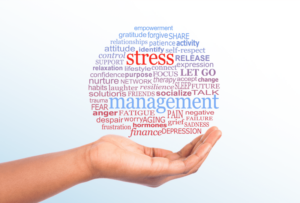 A cupped with a circle of words related to stress management. The words Stress Management are the largest and in blue and red and stand out.